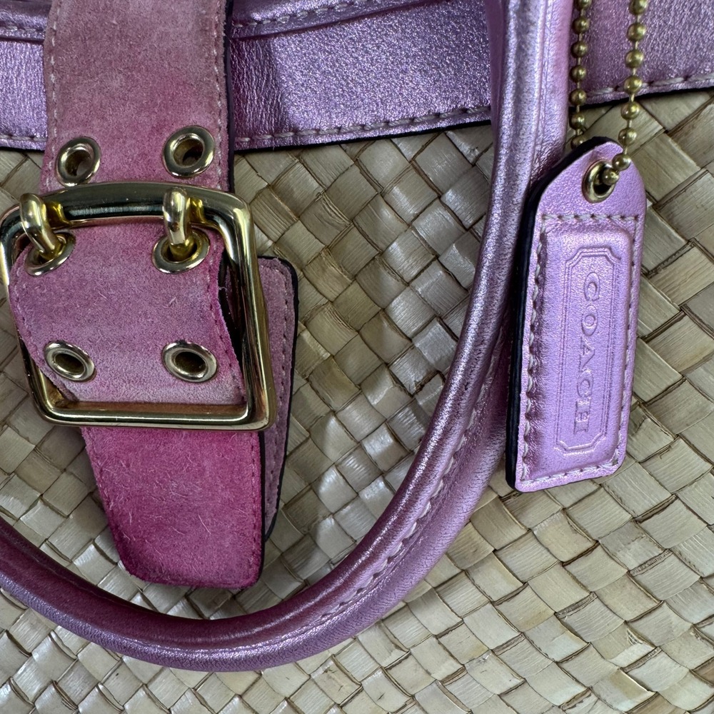 VTG Coach Straw Tote Women Pink Metallic Leather Suede Woven Basket Bag Y2K 4419 - Picture 8 of 15